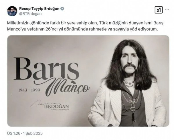 Cumhurbaşkanı Erdoğan'dan Barış Manço mesajı: Rahmetle ve saygıyla yad ediyorum